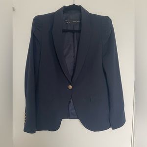 Zara Navy Blazer with Gathered Shoulder and Gold Button